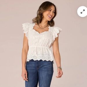 Democracy White Embroidered Eyelet Ruffle Crepe Cotton Rayon Cinched Peplum Top